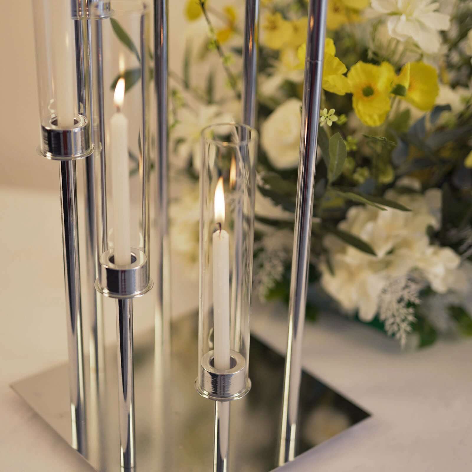 Silver 8 Arm Cluster Taper Candle Holder With Clear Glass Shades, Large Candle Arrangement 42