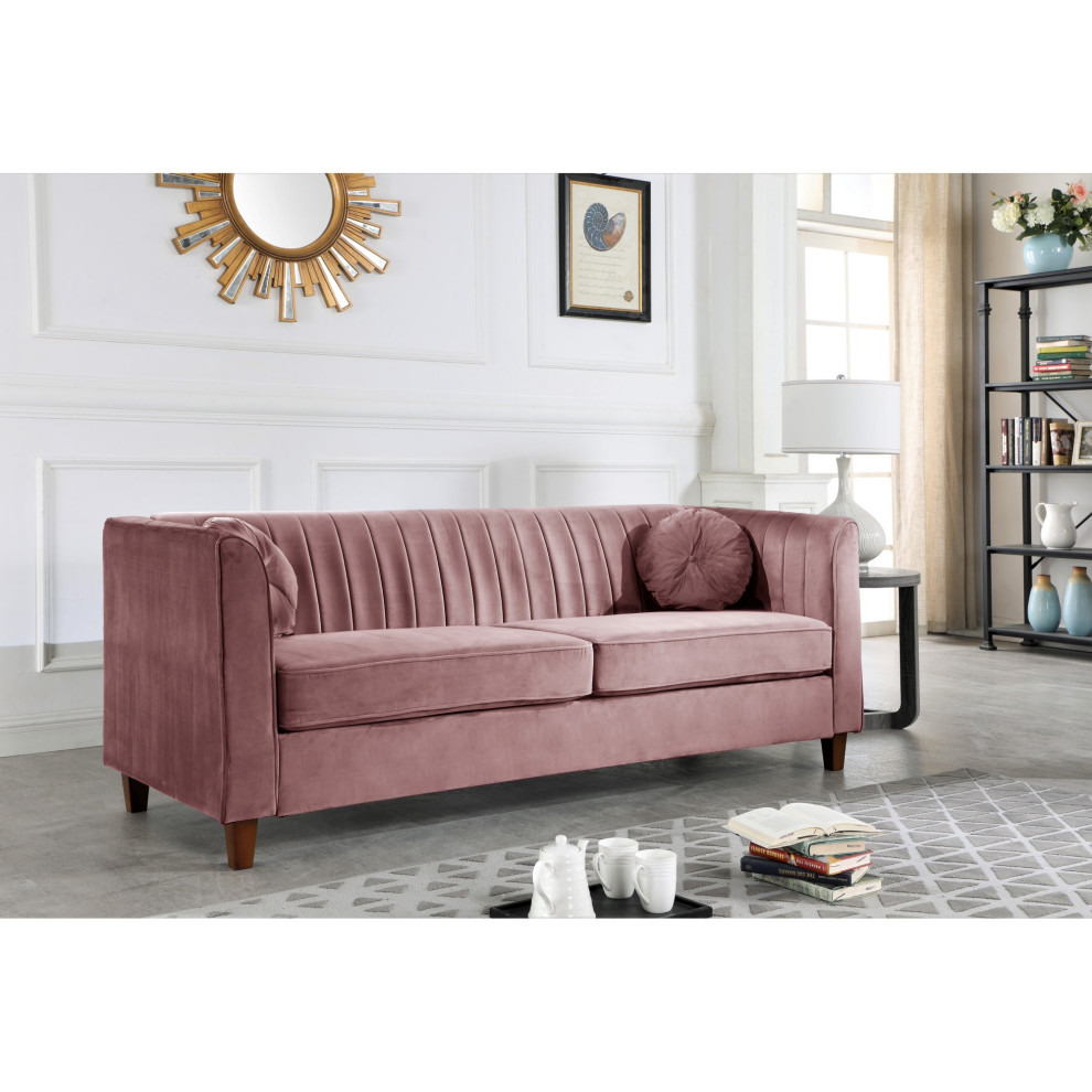 Elegant Sofa  Padded Velvet Seat  ampChannel Tufted Back With Throw Pillows   Contemporary   Sofas   by Decorn  Houzz