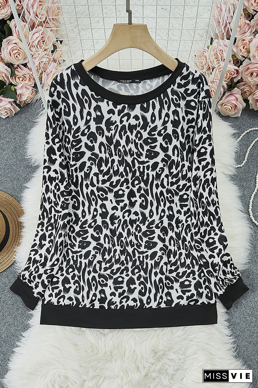 Plus Size Leopard Patchwork Long Sleeve Top