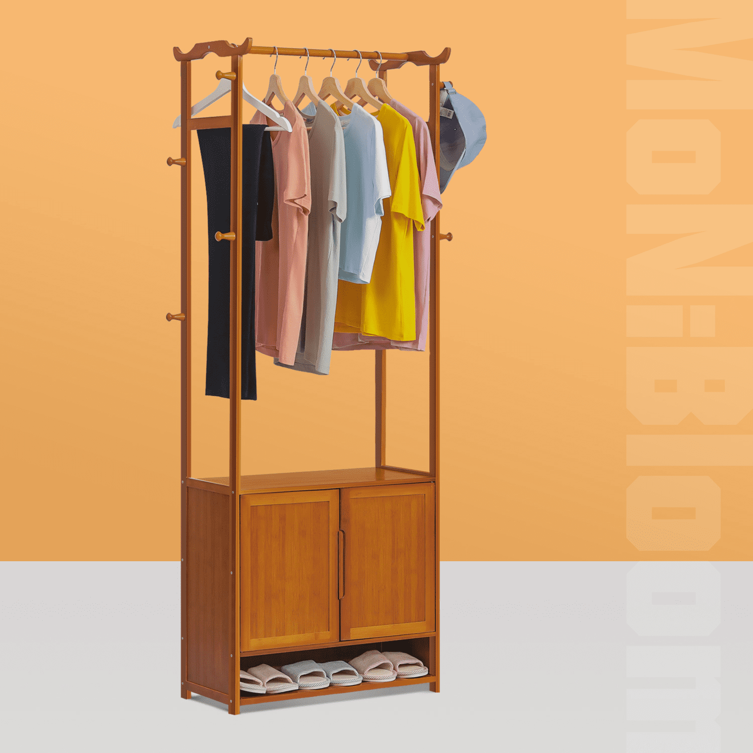 MoNiBloom Bamboo 3 Tiers Coat Rack with Door， Clothes Shoes Storage Shelf， Brown， for Bedroom