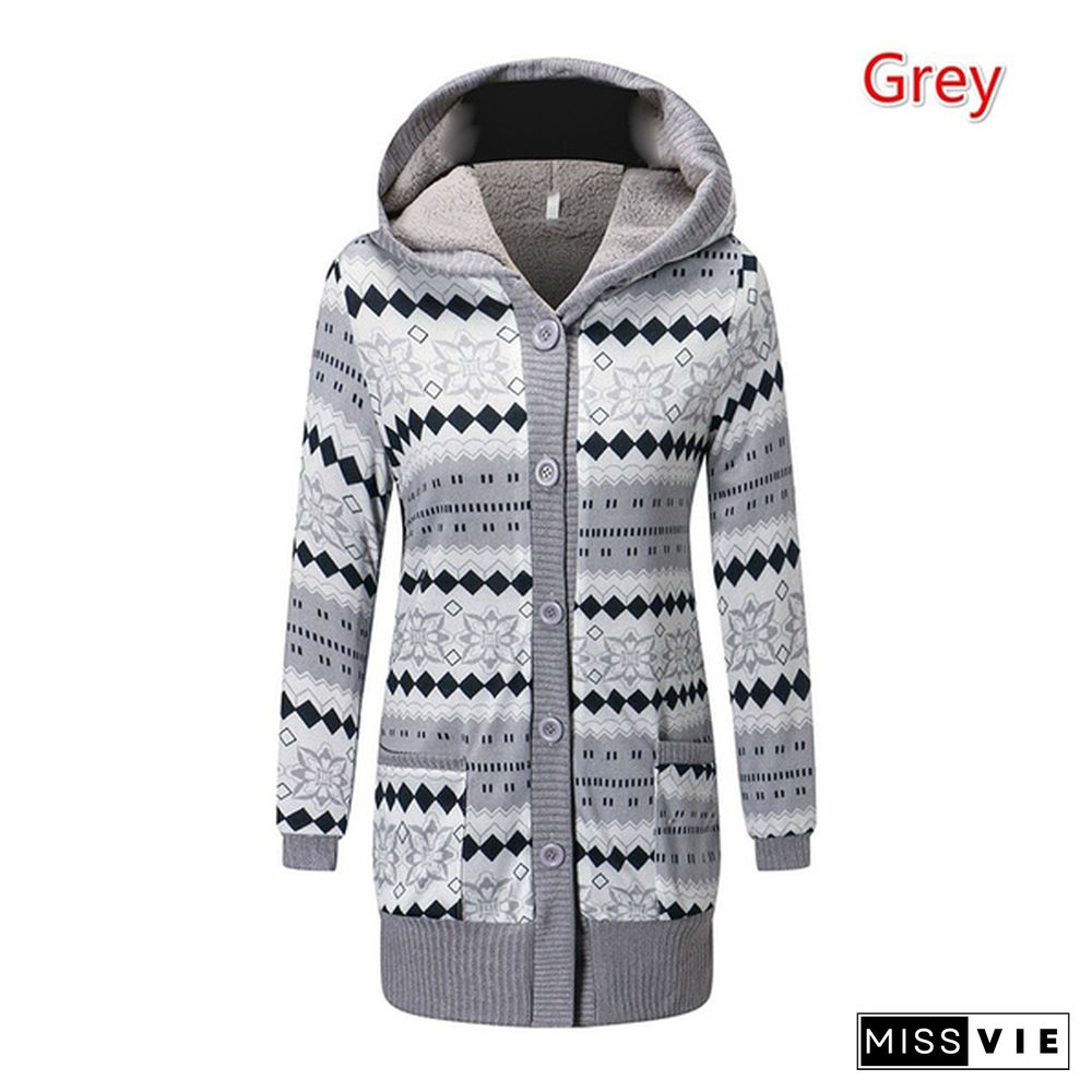 YZ Women Winter Printing Cardigan Fashion Cashmere Knitted Coat Hooded Long Sleeve Thickening Jacket Plus Size