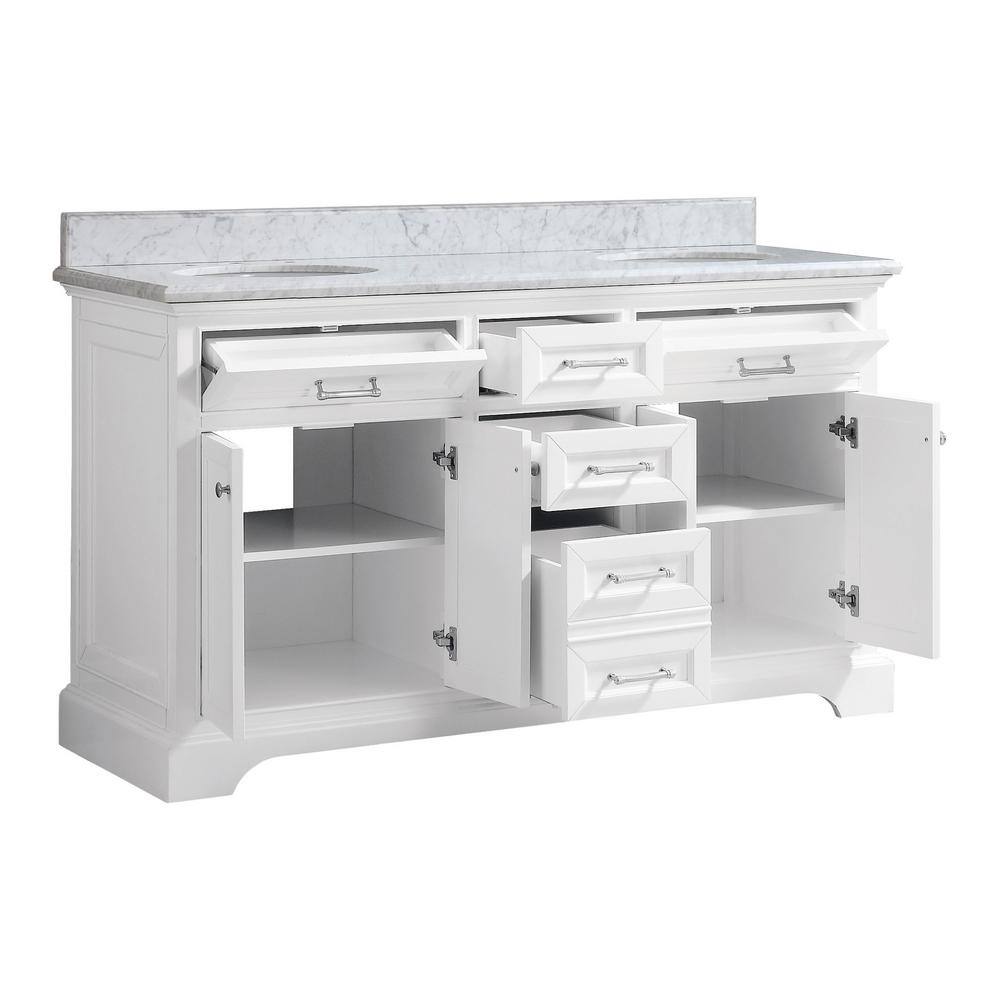 Home Decorators Collection Windlowe 61 in. W x 22 in. D x 35 in. H Freestanding Bath Vanity in White with Carrara White Marble Marble Top 15101-VS61C-WT