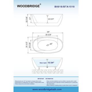 WOODBRIDGE Samantha 59 in. Acrylic FlatBottom Double Ended Bathtub with Brushed Gold Overflow and Drain Included in White HBT5566