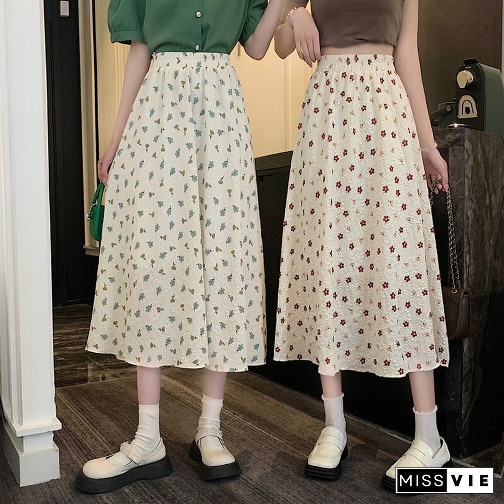 Chic Slim Women Floral Skirts Summer Vintage High Waist Elastic A-line Midi Skirts Female Casual Korean Elegant Sweet Clothing