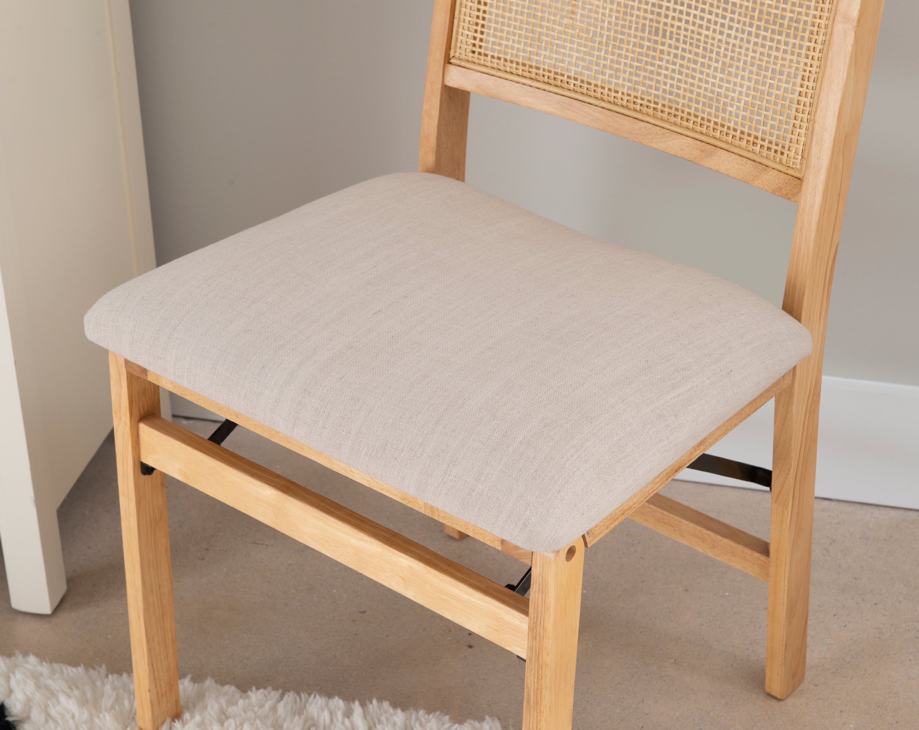 Riviera Rattan Back Folding Chair with Upholstered Seat, Natural Base with Beige Fabric