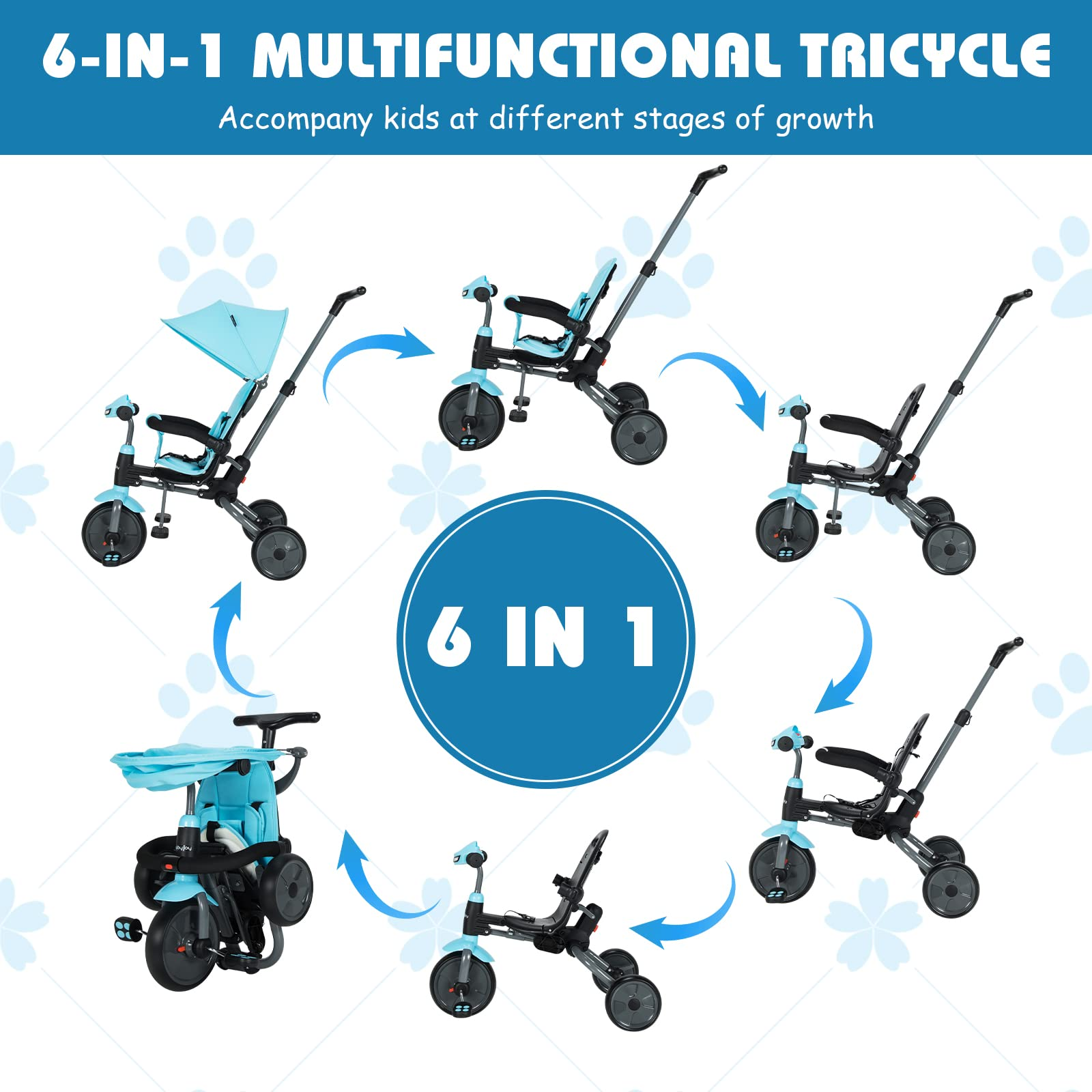 BABY JOY Toddler Tricycle, 6 in 1 Folding Tricycle W/ Adjustable Canopy & Push Handle