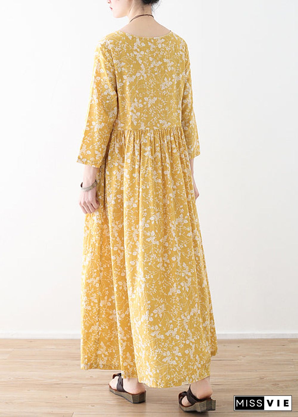 Original Yellow O-Neck Wrinkled Print Loose Dresses Three Quarter sleeve