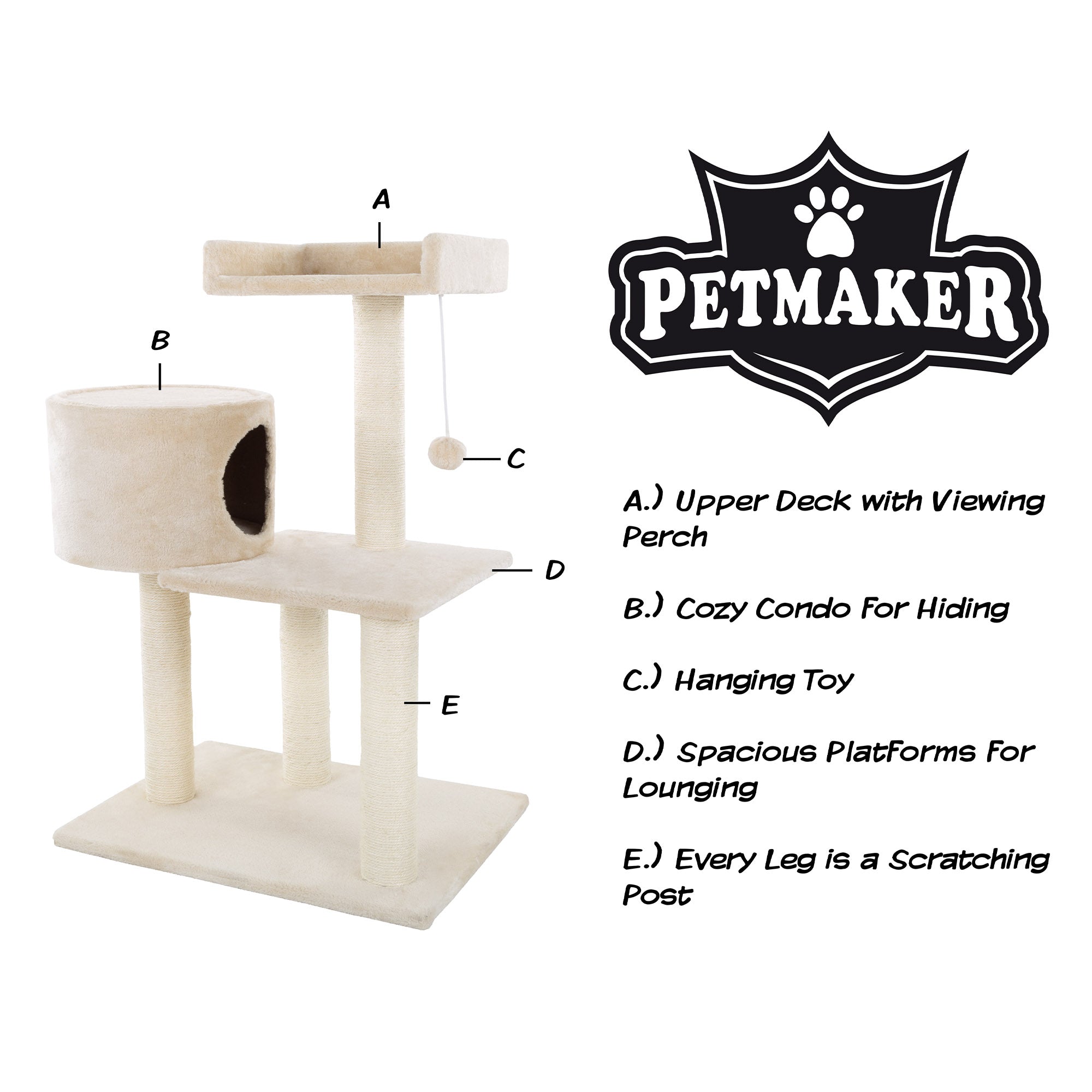 3-Tier Cat Tower - 2 Napping Perches， Cat Condo， 4 Sisal Rope Scratching Posts， Hanging Toy – Cat Tree for Indoor Cats and by PETMAKER (Beige)