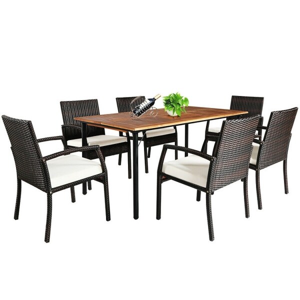 7Pcs Patio Rattan Cushioned Dining Set with Umbrella Hole