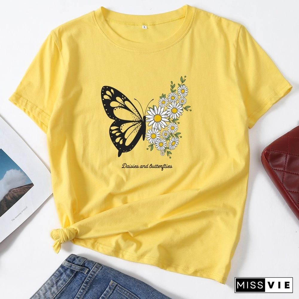 Summer Women Casual Short Sleeve T-shirt Butterfly Flower Print Female Fashion Graphic T Shirt Ladies Daily Loose O-Neck Tee Top