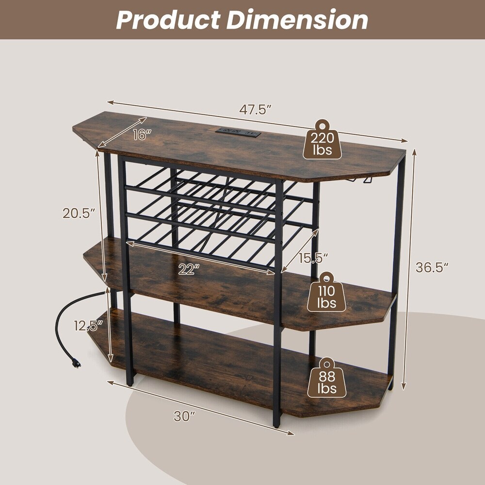 Gymax 3 Tier Wine Bar Cabinet with Storage Shelves Glass Holders