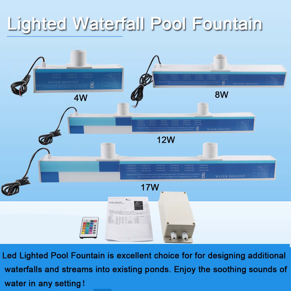 ECUTEE 12 x 5.4 x 3 inch Rectangular Pool Fountain Spillway with LED Strip Light for Garden