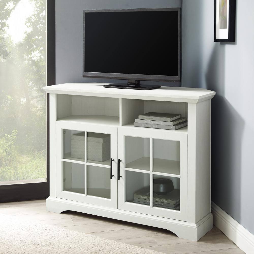 Welwick Designs 44 in. Brushed White Wood and Glass Traditional Window Pane 2-Door Tall Corner TV Stand Fits TVs up to 50 in. HD9061