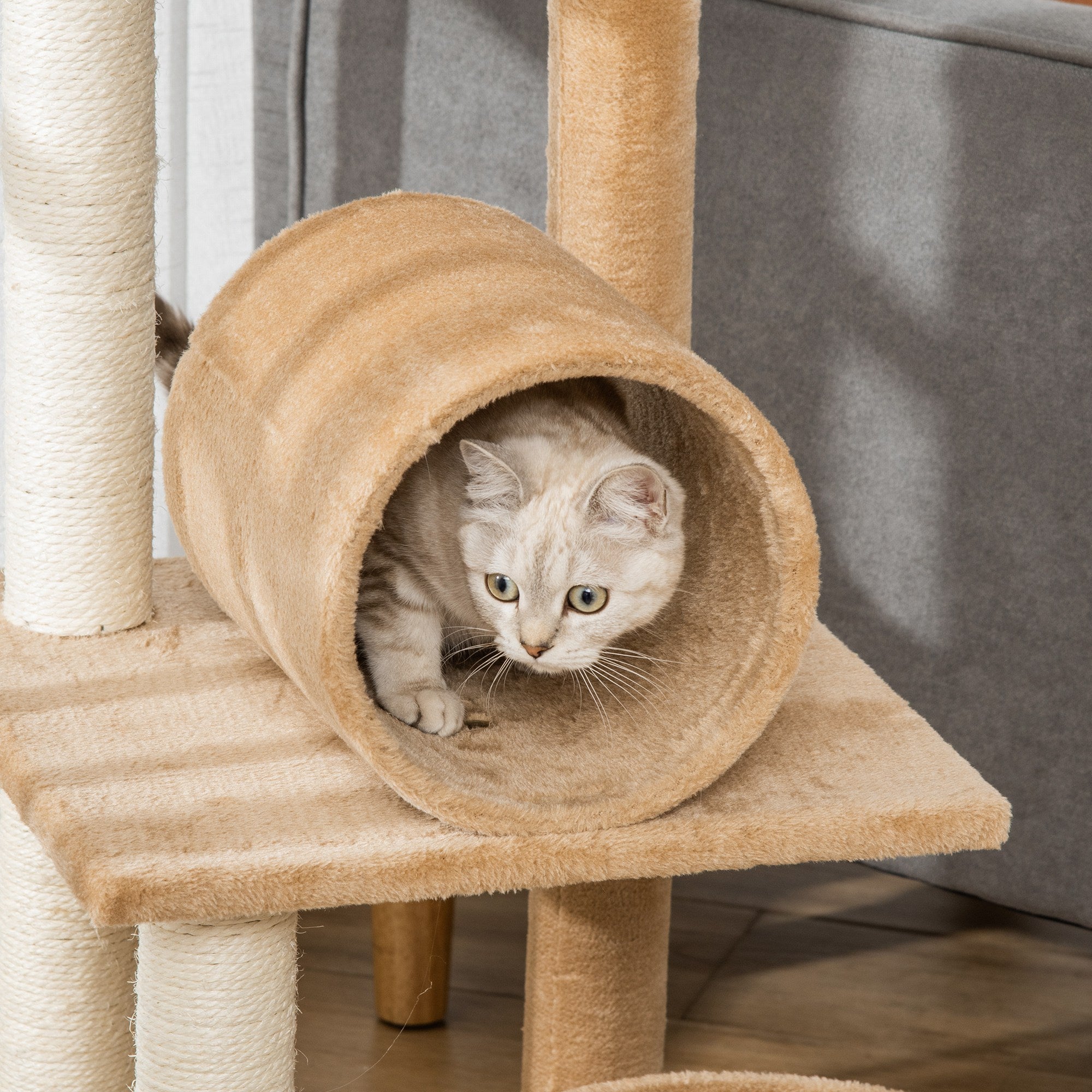 PawHut Cat Tree for Indoor Cats Cat Condo Kitty Tower with Scratching Post， Elevated Fun Cat Beds， Tunnel， Cat String Toys， 16