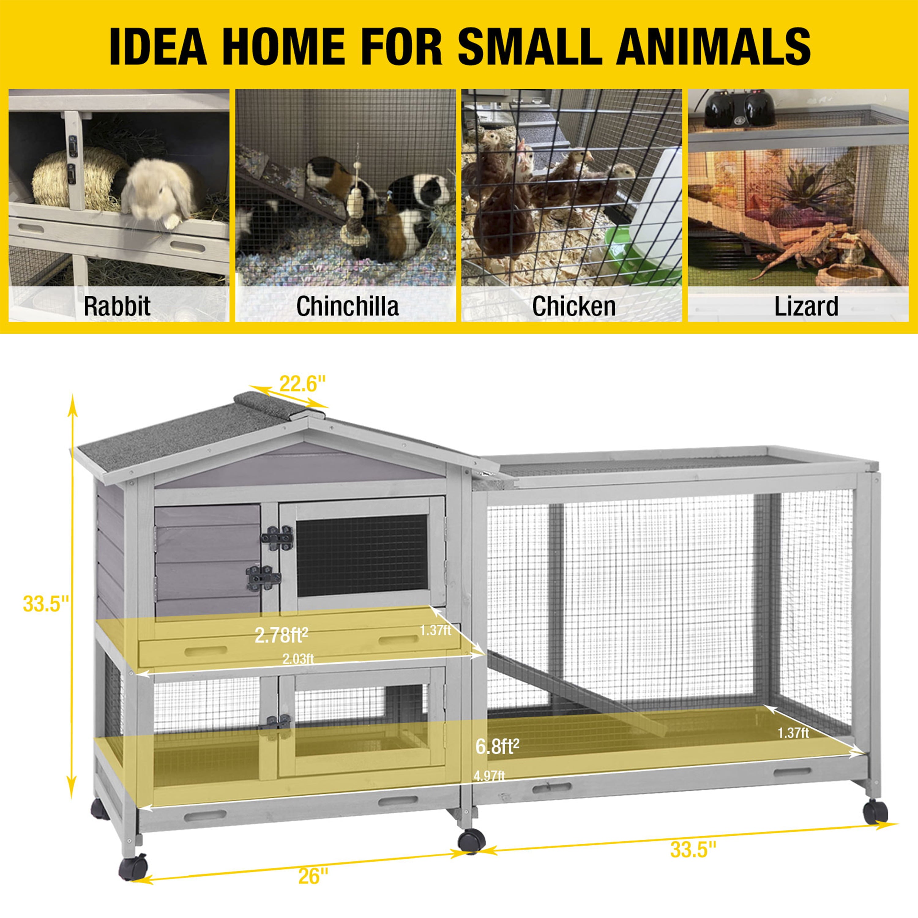 Morgete Wood Rabbit Hutch Bunny Cage with Wheels Small Pet House for Guinea Pig Indoor and Outdoor