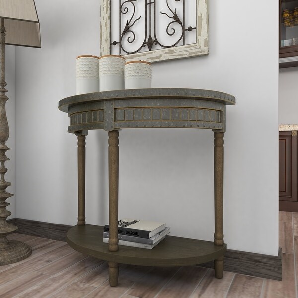 Beige Wood and Iron Metal Half Moon Farmhouse Console Table