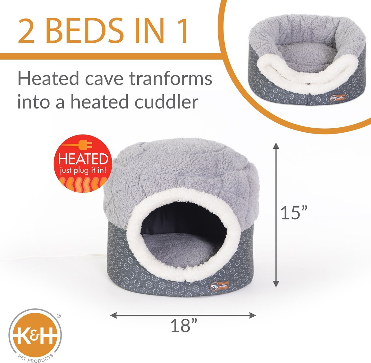 KandH Pet Products Thermo-Pet Nest Covered Indoor Heated Cat Bed House， Gray， Small