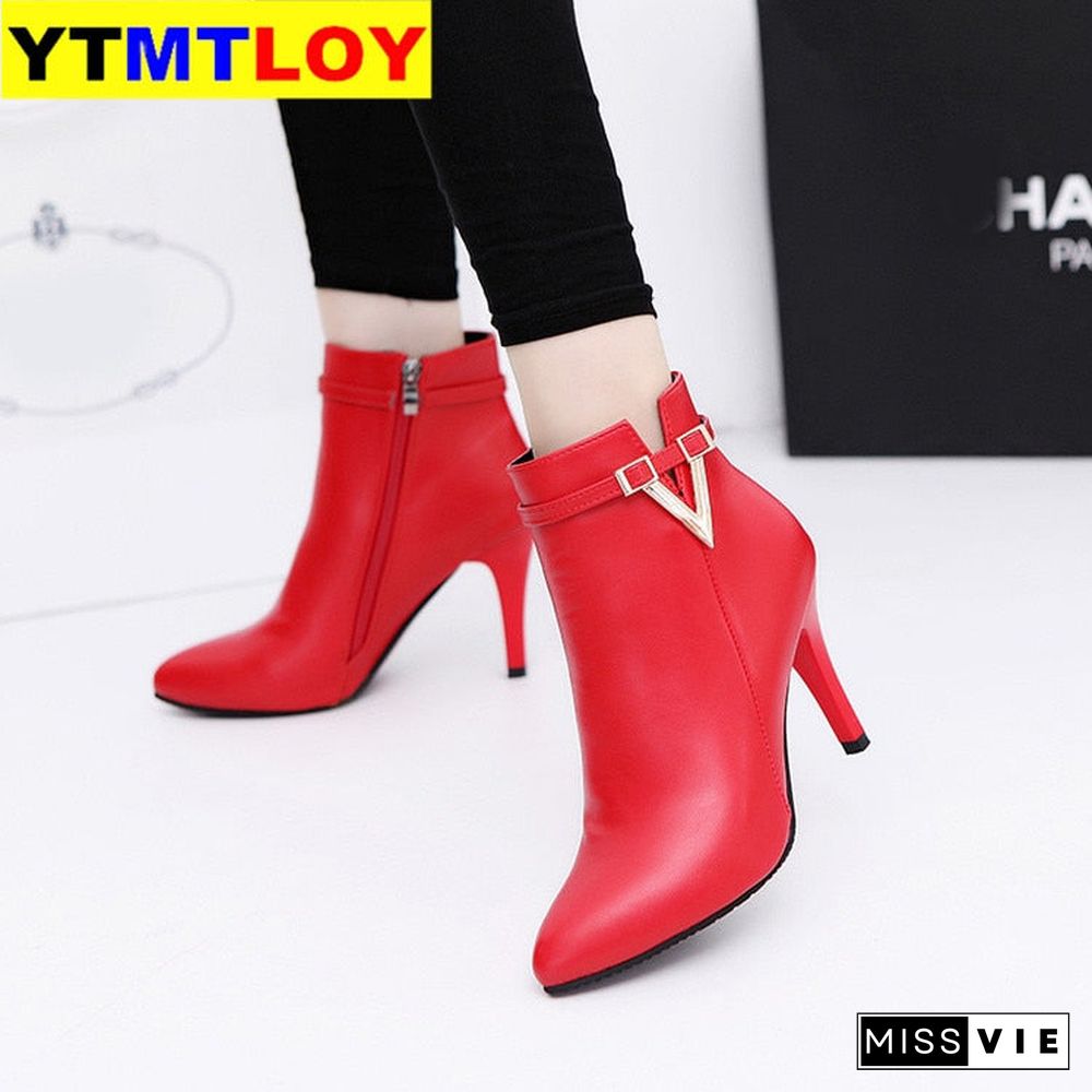 New Women Boots Ankle Pu Leather Zipper Booties High Heels Autumn Shoes Black Winter Boots Zapatos De Mujer  Pointed Toe