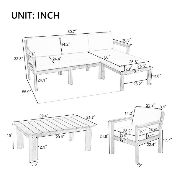 Outdoor Patio Wooden Frame Sofa Conversation Sets with Wood Table and Cushions，Suitable for Gardens，Backyards and Balconies