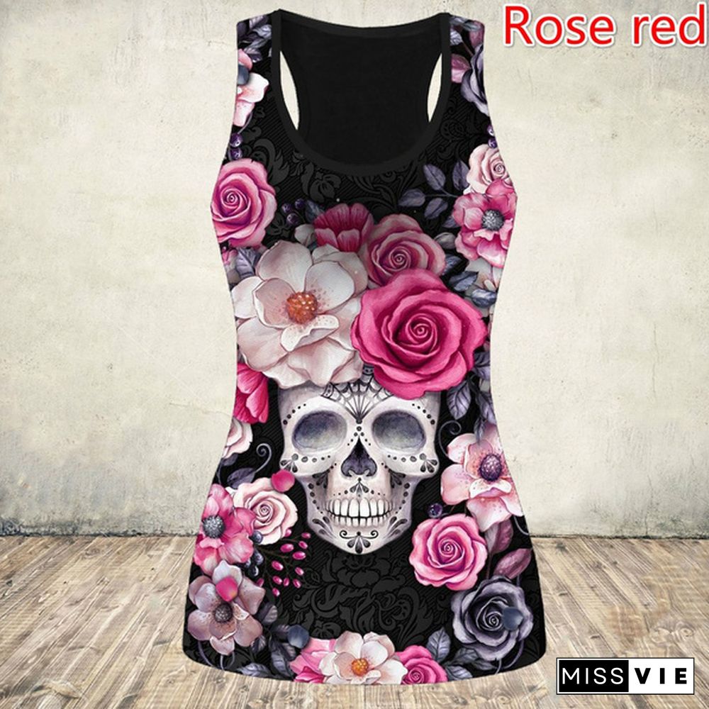 Women's Fashion 3D Skull Print Hollow Out Tank Top Summer Sleeveless Graphic Punk Shirt Slim Fit Cotton Gothic Tee Tops Plus Size Vest XS-8XL