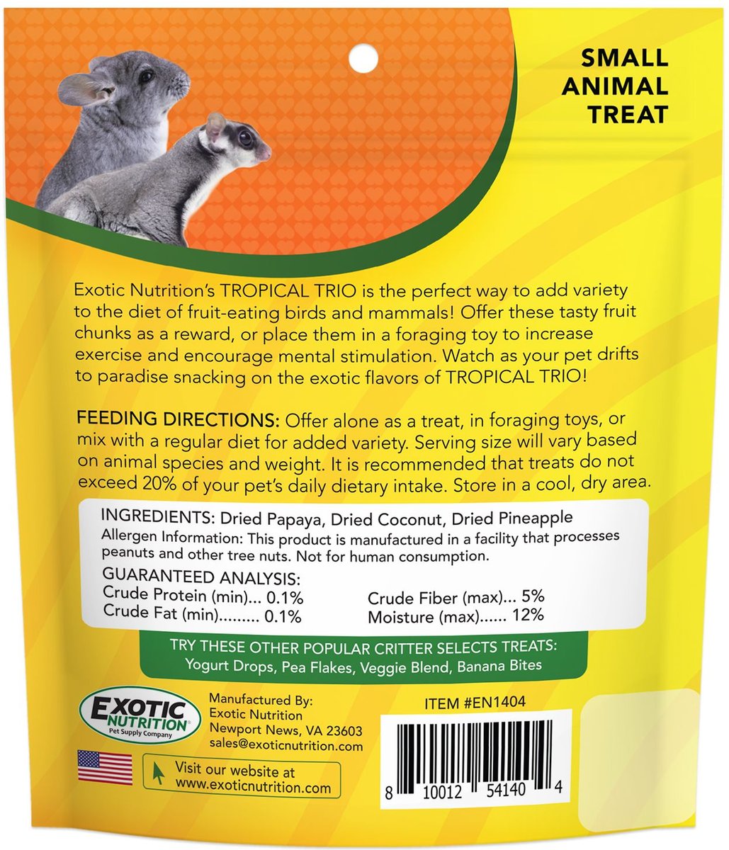 Exotic Nutrition Critter Selects Tropical Trio Small Animal Treats， 4.5-oz bag