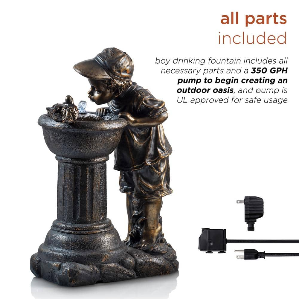 Alpine Corporation 27 in. Tall Indoor/Outdoor Boy Drinking From Water Fountain with LED Lights, Bronze GXT740