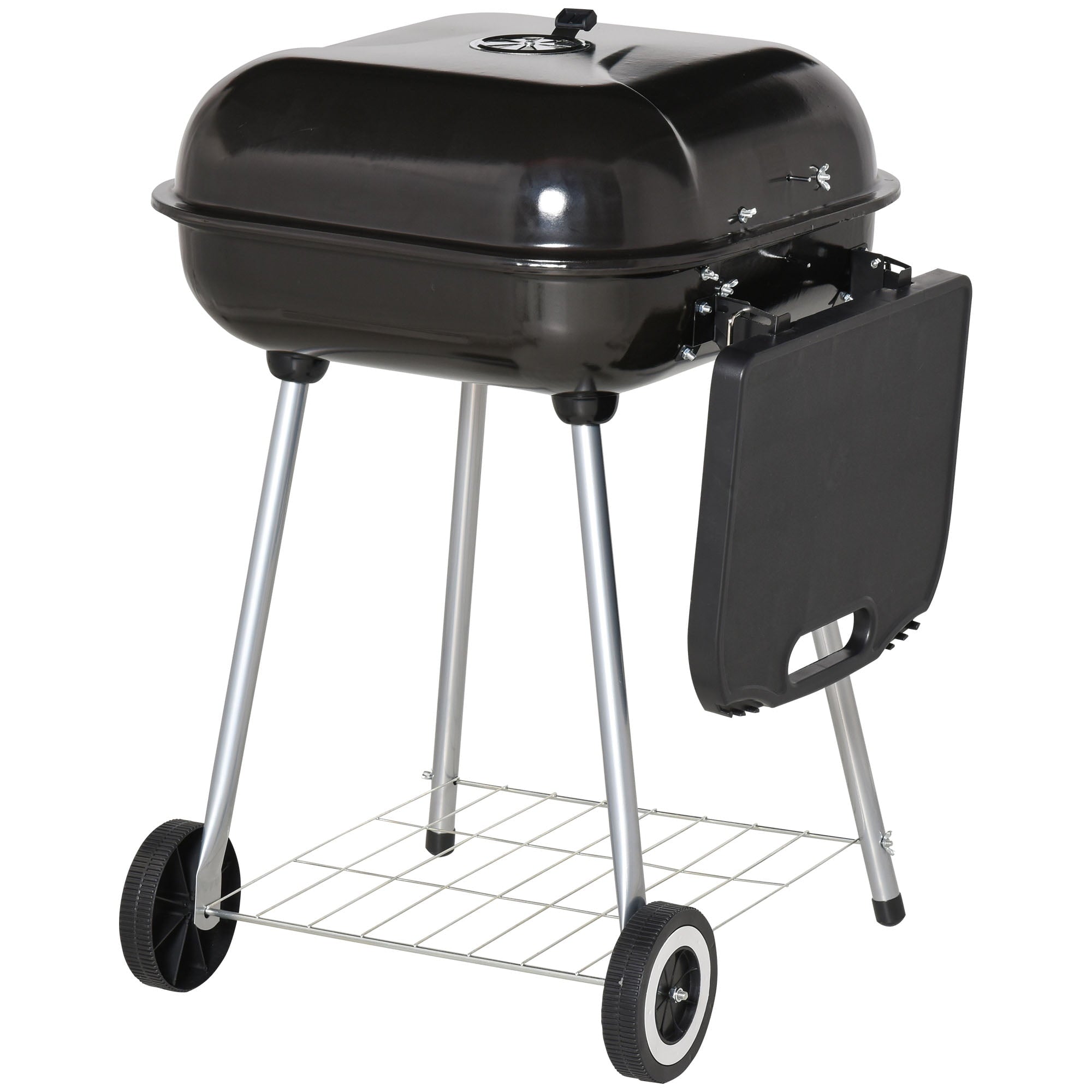 Outsunny 38'' Steel Charocal Grill with Portable Wheel, Side Tray and Lower Shelf for Outdoor BBQ for Garden, Backyard, Poolside