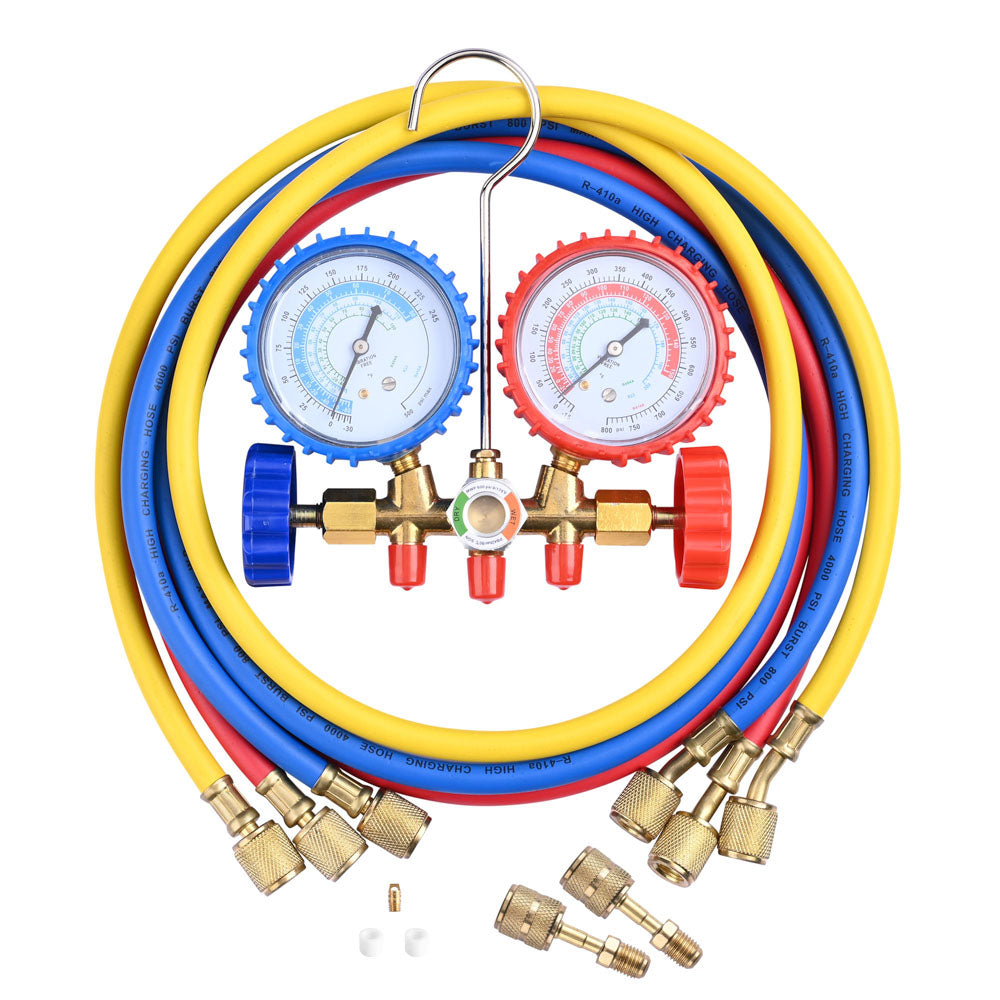 2 Valve R410a Refrigerant Manifold Gauge w/ 3 Hoses Side