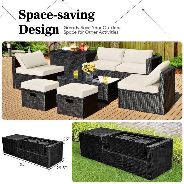 Costway 8pcs Patio Rattan Furniture Set Storage Table Ottoman Cover