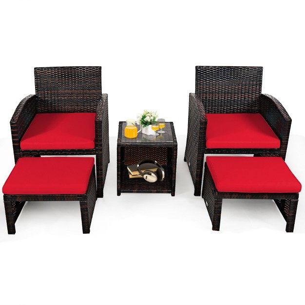 Costway 5pcs Patio Rattan Wicker Furniture Set Sofa Ottoman W Cushions Red