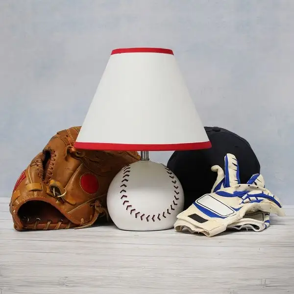 Simple Designs Athletic Sports Baseball Base Ceramic Bedside Table Desk Lamp with White Empire Fabric Shade with Red Trim