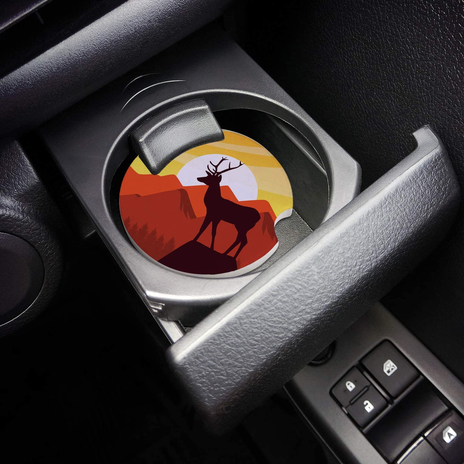 KXMDXA Deer Silhouette and Sunset Set of 2 Car Coaster for Drinks， Absorbent Ceramic Stone Coasters Cup Mat with Cork Base for Home Kitchen Room Coffee Table Bar Decor