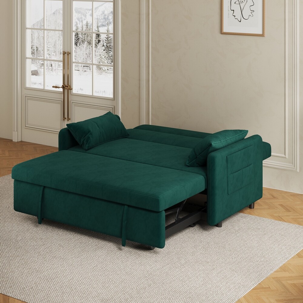 Modern Sleeper Loveseat with Pull out Sofa Bed  Pillows for Living Room  Velvet Folding Loveseat Recliner Bed with Pocket  Green