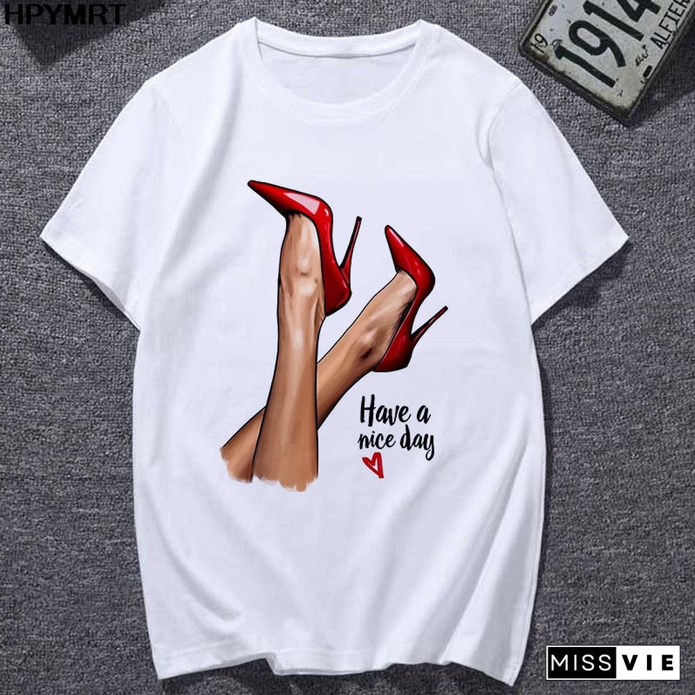 Summer Newest T-Shirts Women Watercolor High Heels Printed Femme T-shirt