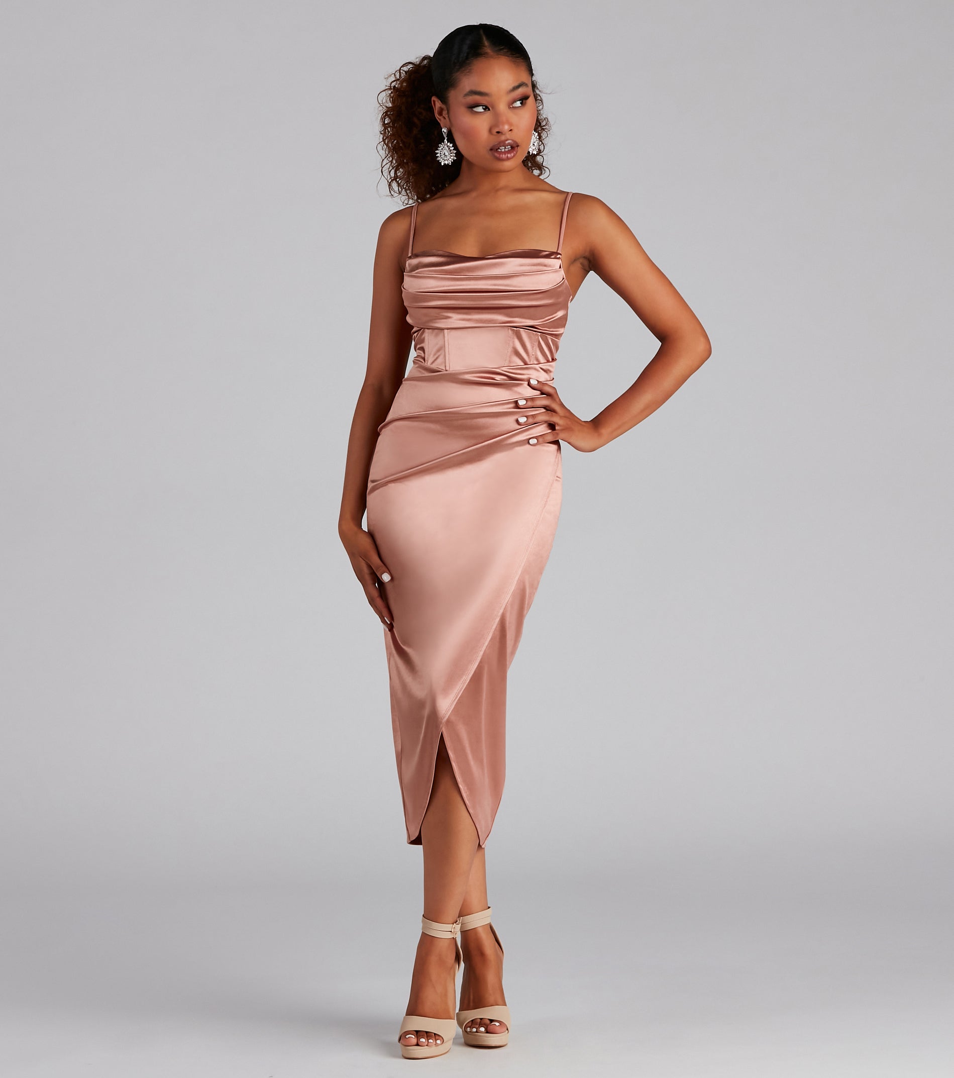 Margaret Formal Satin Wrap Midi Dress