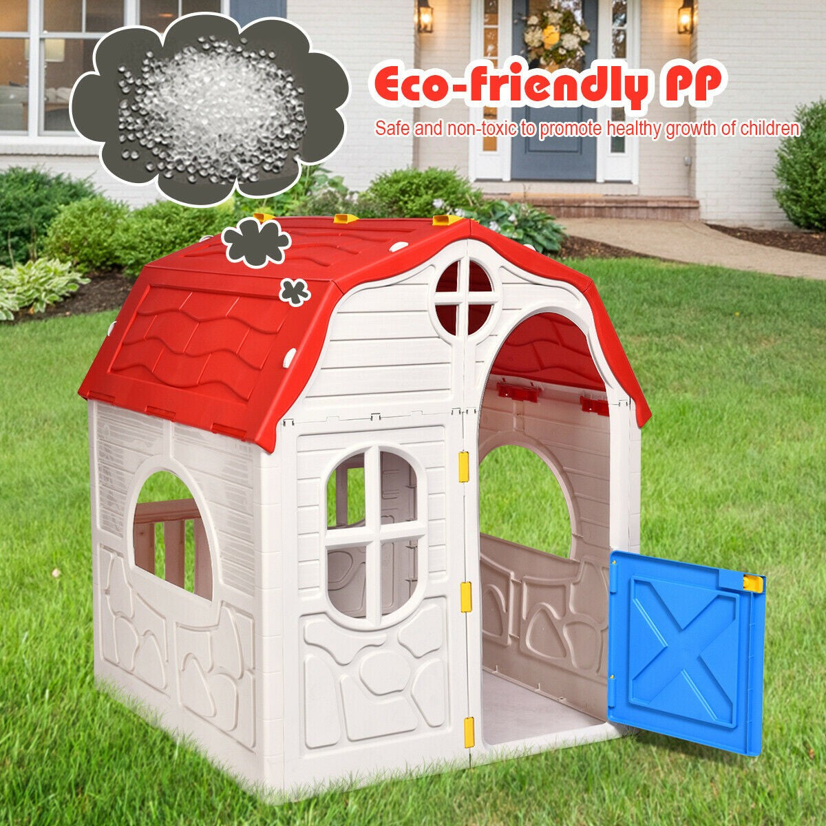 Costzon Kids Foldable Playhouse, Portable Game Cottage with Windows, Door