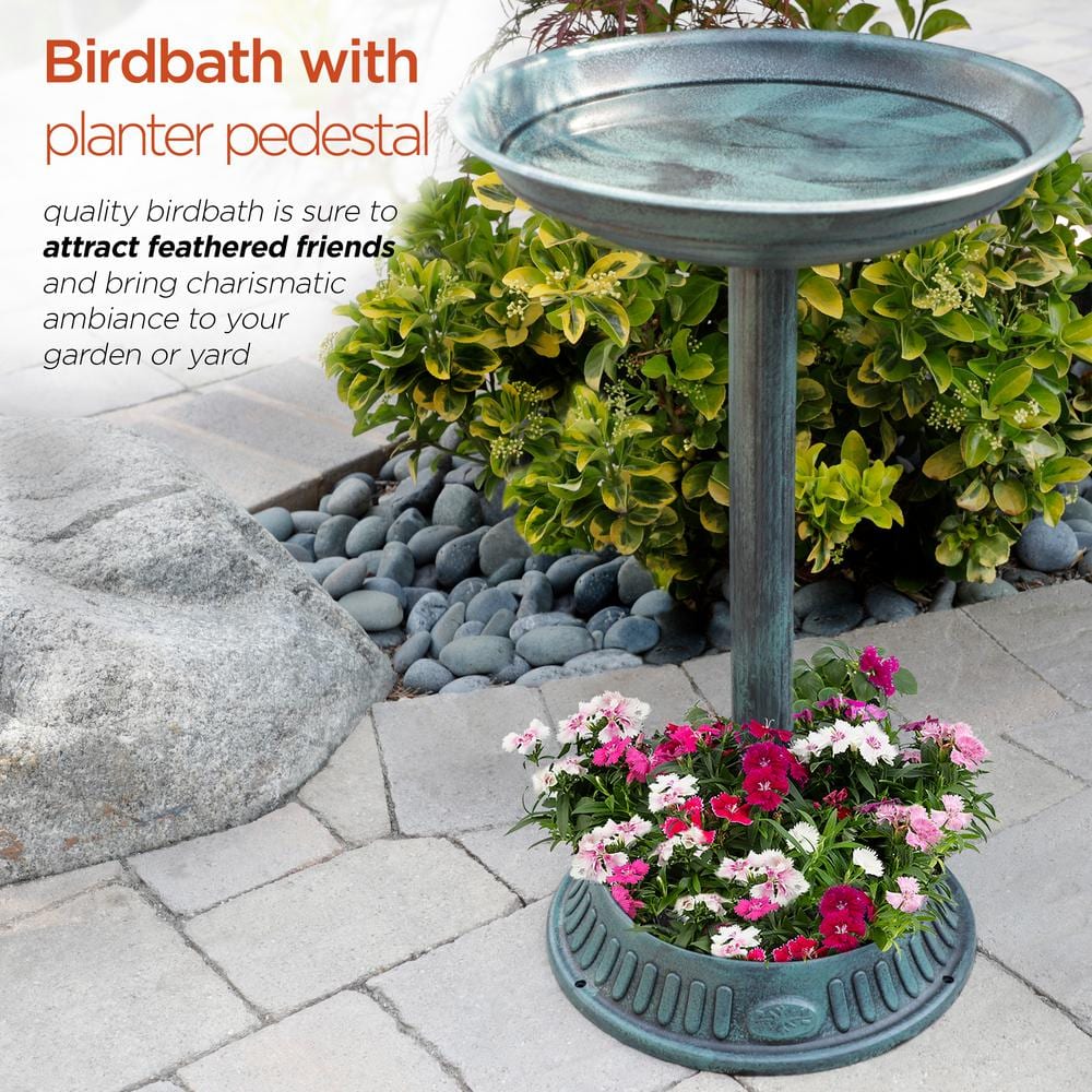 Alpine Corporation 25 in. Tall Outdoor Birdbath with Planter Yard Statue， Green TIZ112