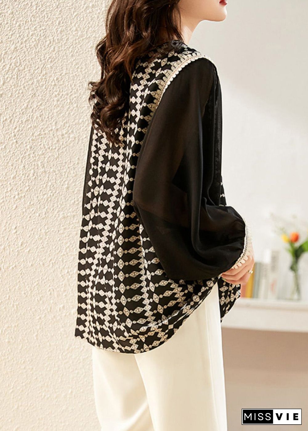 Fashion Black O-Neck Print Patchwork Chiffon Shirt Long Sleeve