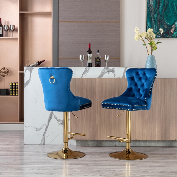 Modern Swivel Bar Stools Set of 2 Adjustable Counter Height with Velvet Upholstered Stool with High Back and Ring Pull