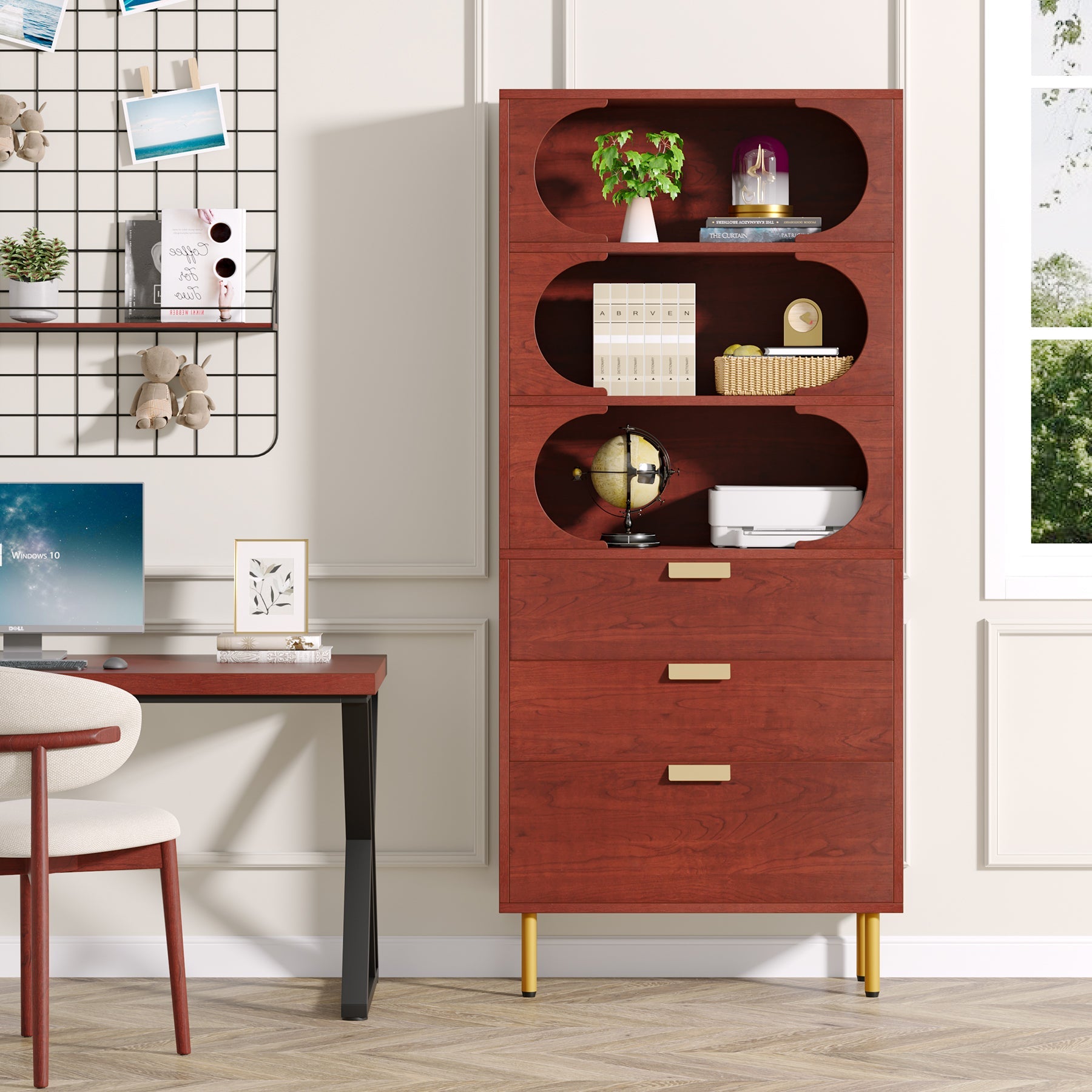 3-Drawer File Cabinet, Freestanding Filing Cabinet with Open Storage Shelves