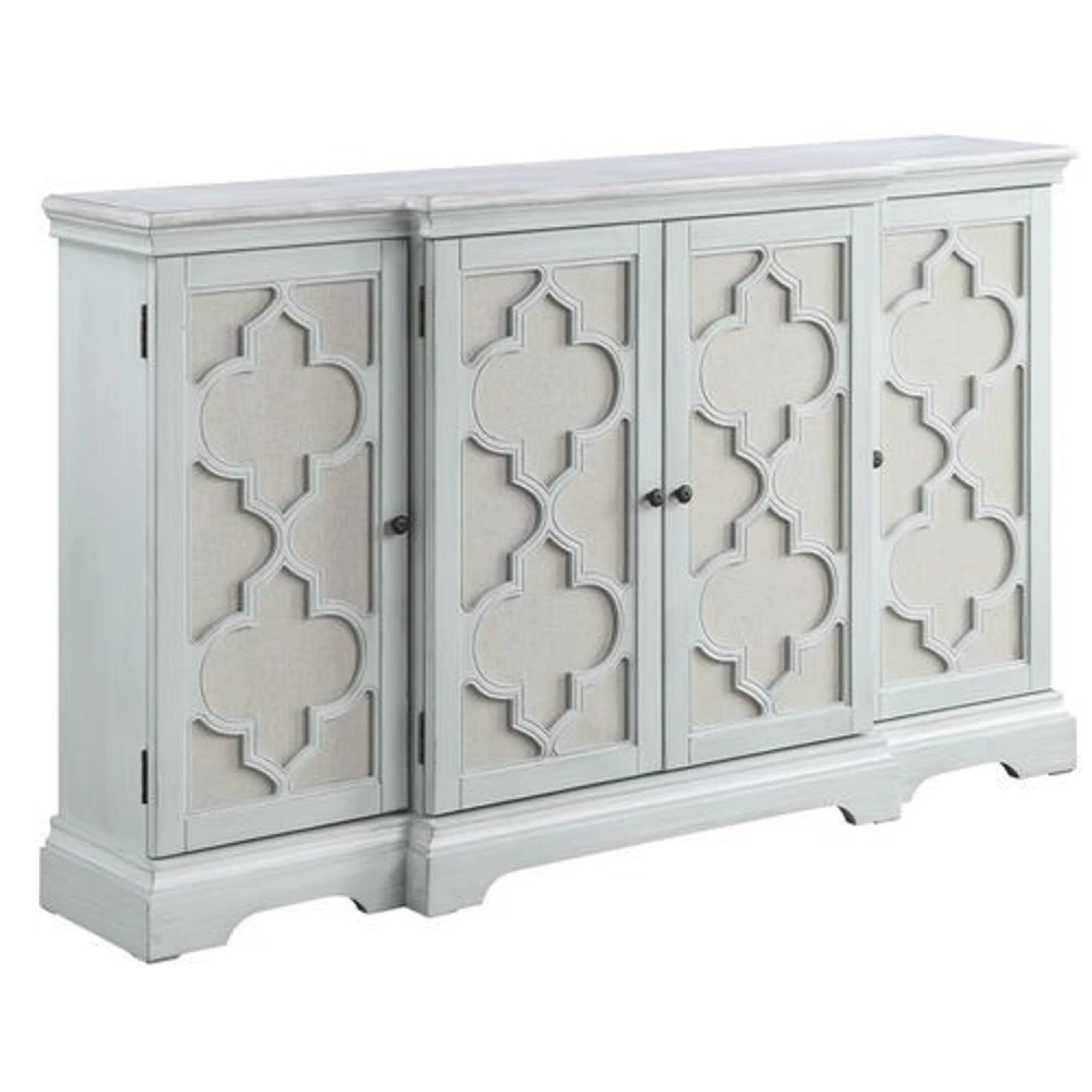 60 Inch 4 Door Wood Buffet Cabinet Console Table， Quatrefoil， Antique Blue