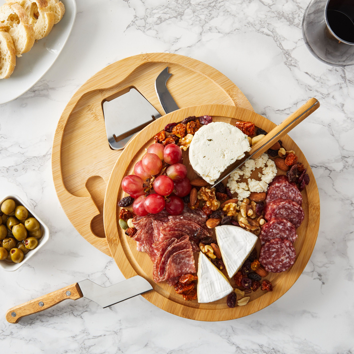 4 piece set - Cheese Cutting Board and Knife Tools for Charcuterie Meat， Swivel Bamboo Tray， 10.2 x 1.5 inches