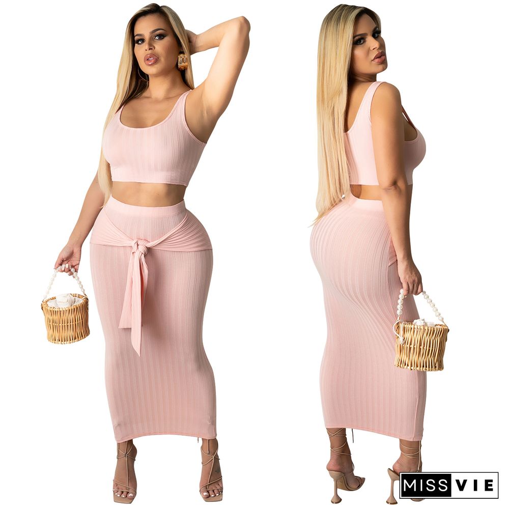 Women Summer Clothing Solid Sleeveless Vest Crop Top Bodycon Long Skirts Sexy Club Party Two Piece Set