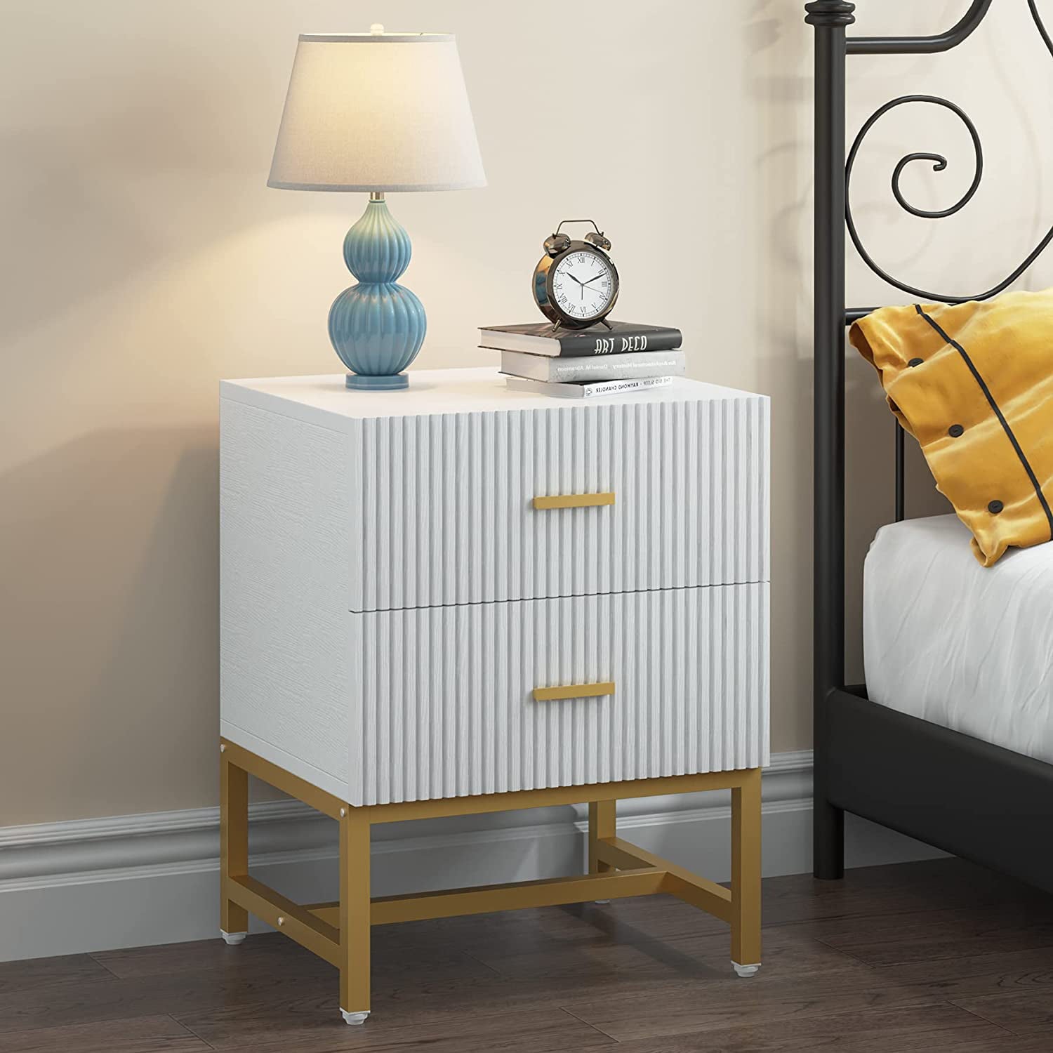 Tribesigns Nightstand Bedside Table with 2 Drawers Living Room Side End Table White and Gold