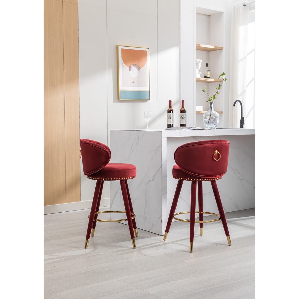 Counter Height Bar Stools Set of 2 Velvet Lounge Barstools Kitchen Armless Bar Stool w/ Tufted Back   Footrest Chair  Claret Red