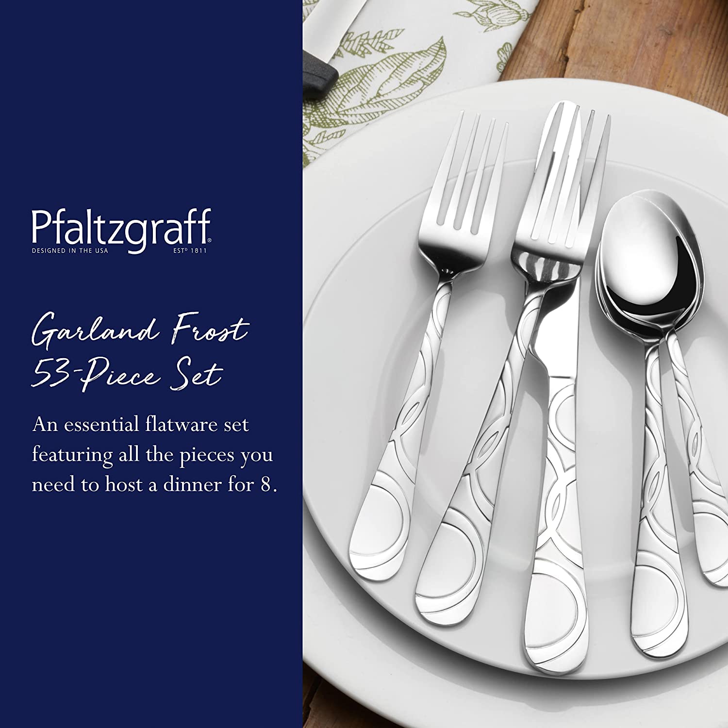 Pfaltzgraff Garland Frost 53-Piece Stainless Steel Flatware Serving Utensil Set and Steak Knives， Service for 8