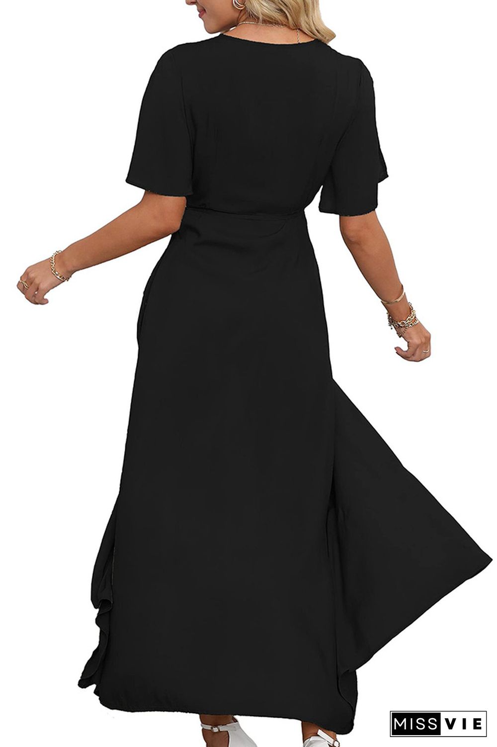 Plain Wrap V Neck Side Split With Sash Maxi Dress