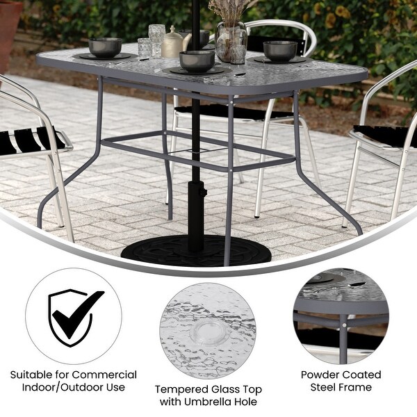 Commercial Tempered Glass and Steel Patio Table with Umbrella Hole