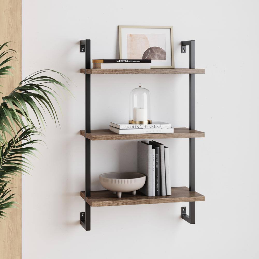 Nathan James Theo 39 in. Rustic Oak Wood Black Pipe 3-Shelf Floating Shelves Wall Mount Accent Bookcase with Metal Frame 65901