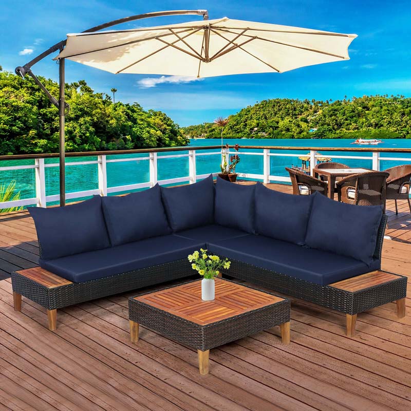 4 Pcs Acacia Wood Rattan Patio Conversation Set Outdoor Sectional Sofa Set with Coffee Table